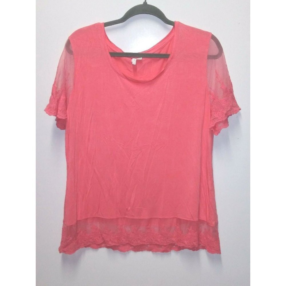 Cato Womens top blouse L/XL Coral Lace trim sheer sleeves stretch knit RELAXED
